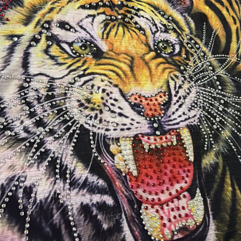 Y2K Tiger Dress Shirt Bling Sleeveless Sz Med Mesh‎ Back Rhinestones Beach Cover - Picture 4 of 14